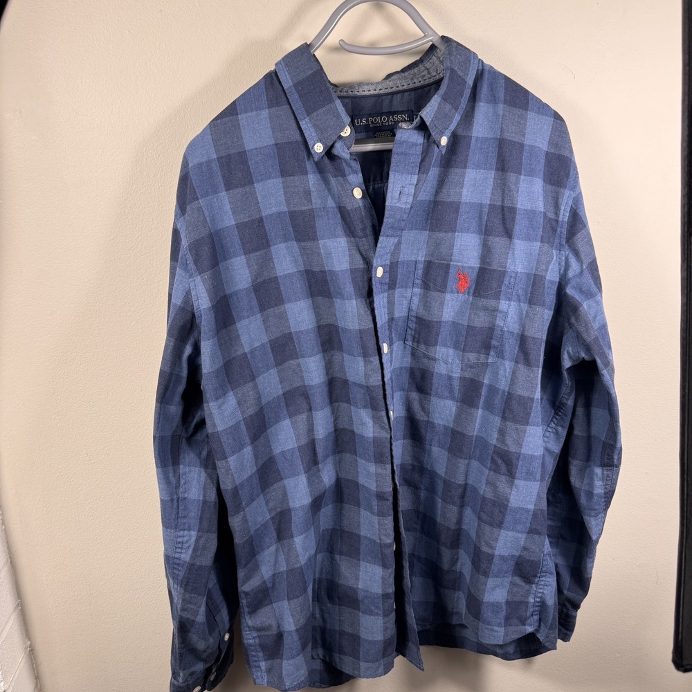 U.S. Polo Assn Men's Large Blue Plaid Button Down Shirt Long Sleeve Cotton Blend